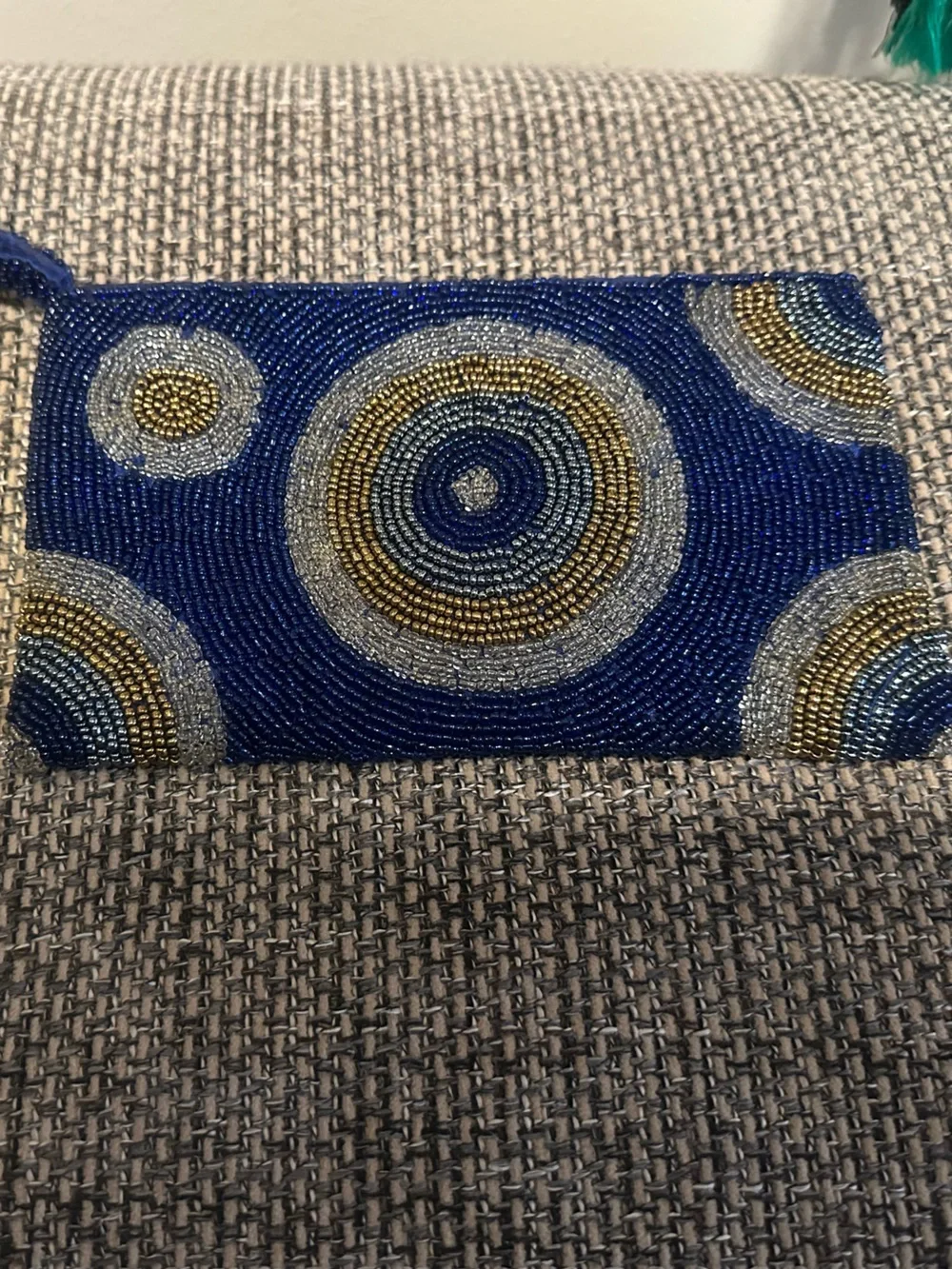Vintage 1960s Mod Beaded Navy Blue Wristlet Clutch with Gold & Silver Accents